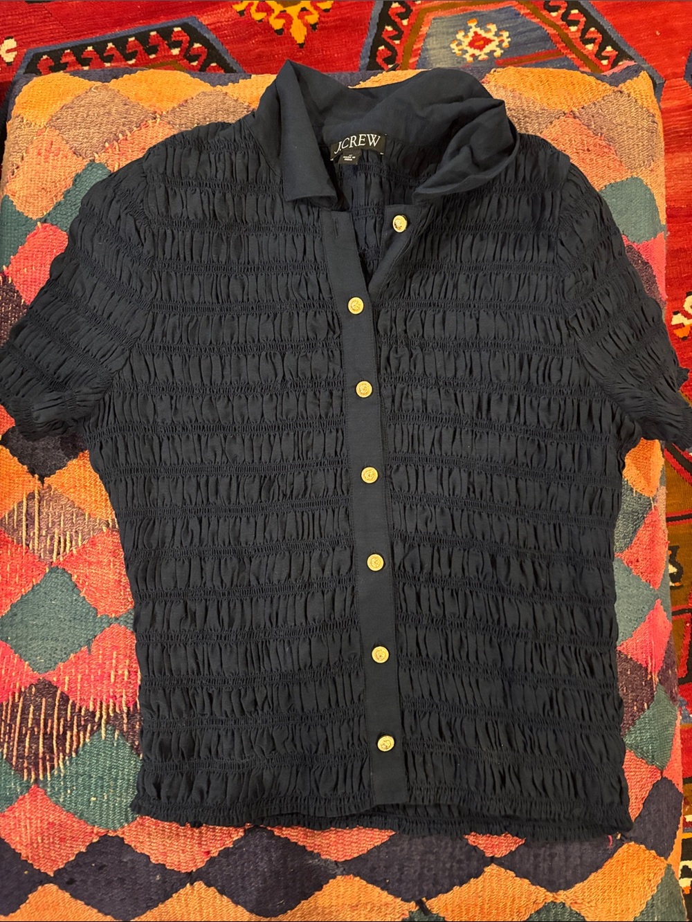J. Crew Black/Navy Textured Smocked Short-Sleeve Stretchy Top Gold Buttons M